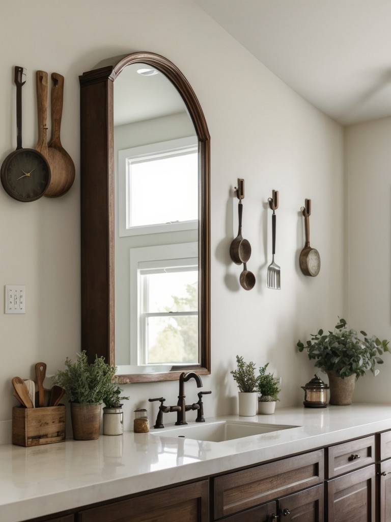 Hang a large vintage clock or a trendy wall mirror to enhance the visual appeal of the kitchen.