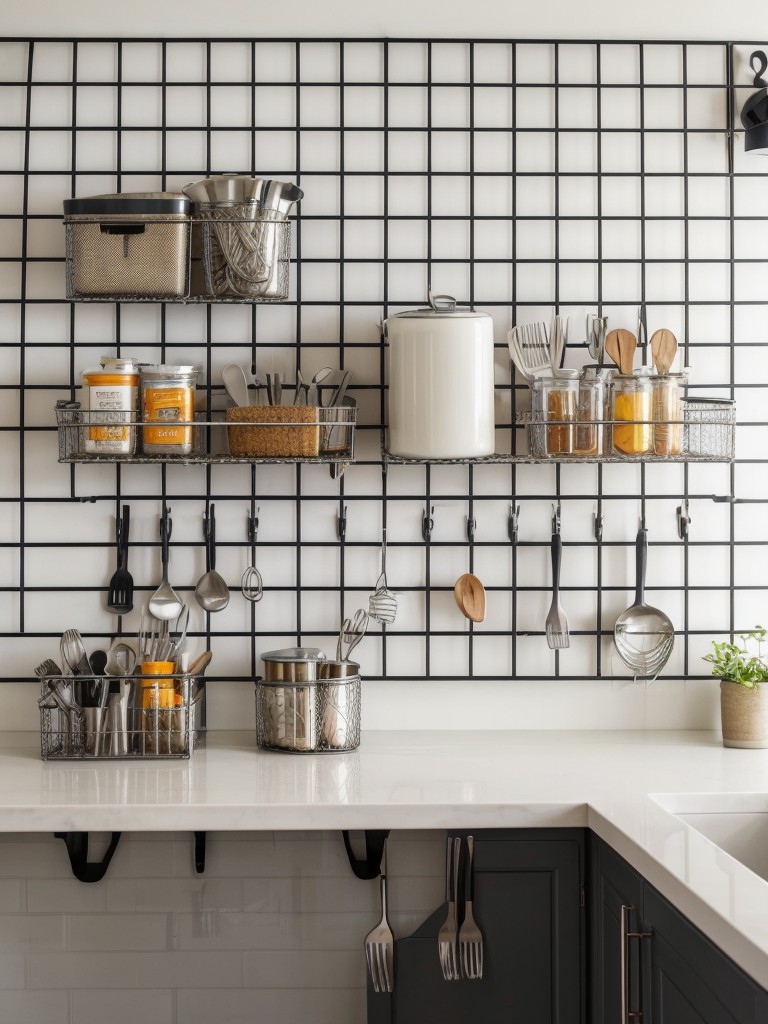 Hang a metal wire mesh or grid on the wall to attach utensil hooks, clips, and shelves for versatile storage.