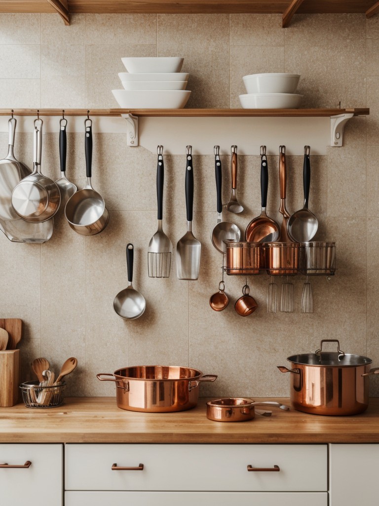 Hang unique and eye-catching kitchen utensils, such as copper measuring cups or vintage graters, as wall decor.