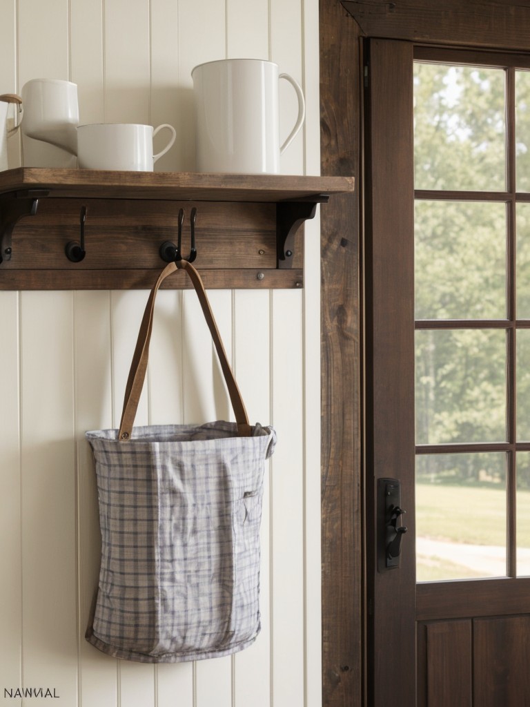 Incorporate a farmhouse-style wall rack or hooks for hanging mugs, aprons, and oven mitts.
