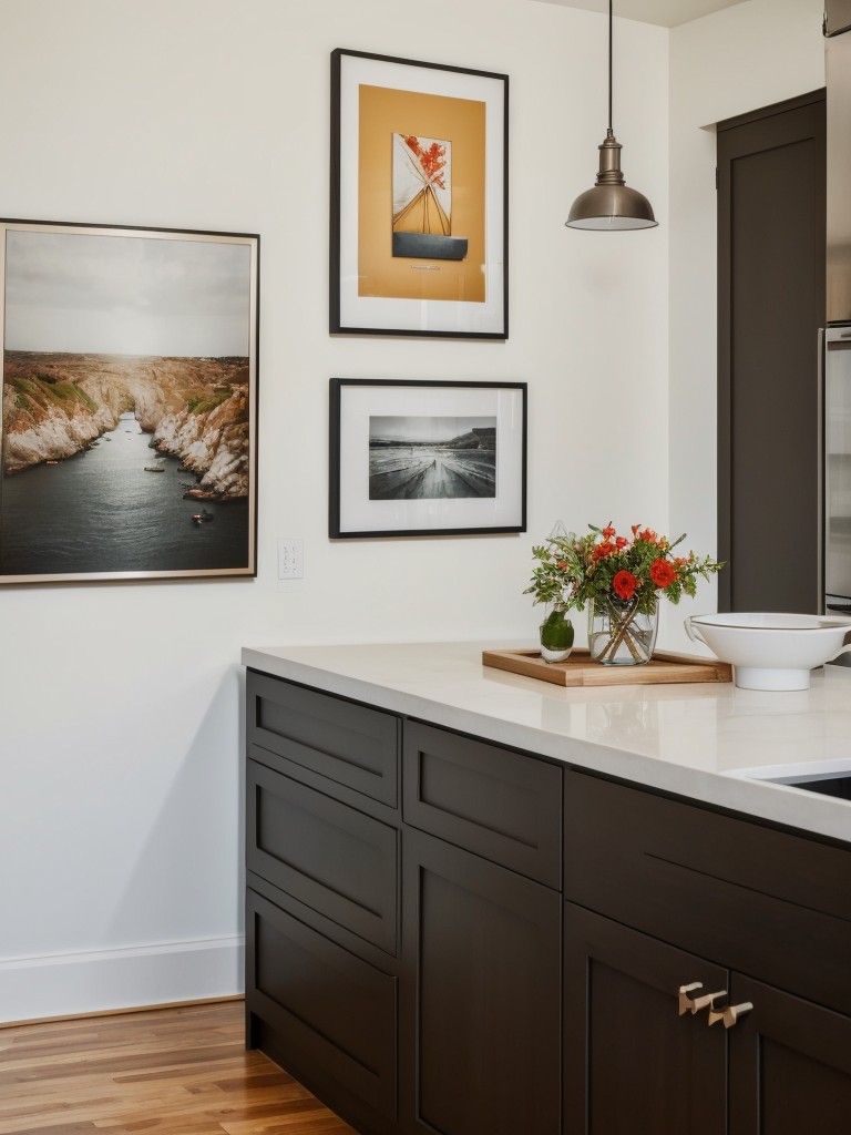 Incorporate a gallery wall with framed artwork or photographs that complement the kitchen's color scheme.