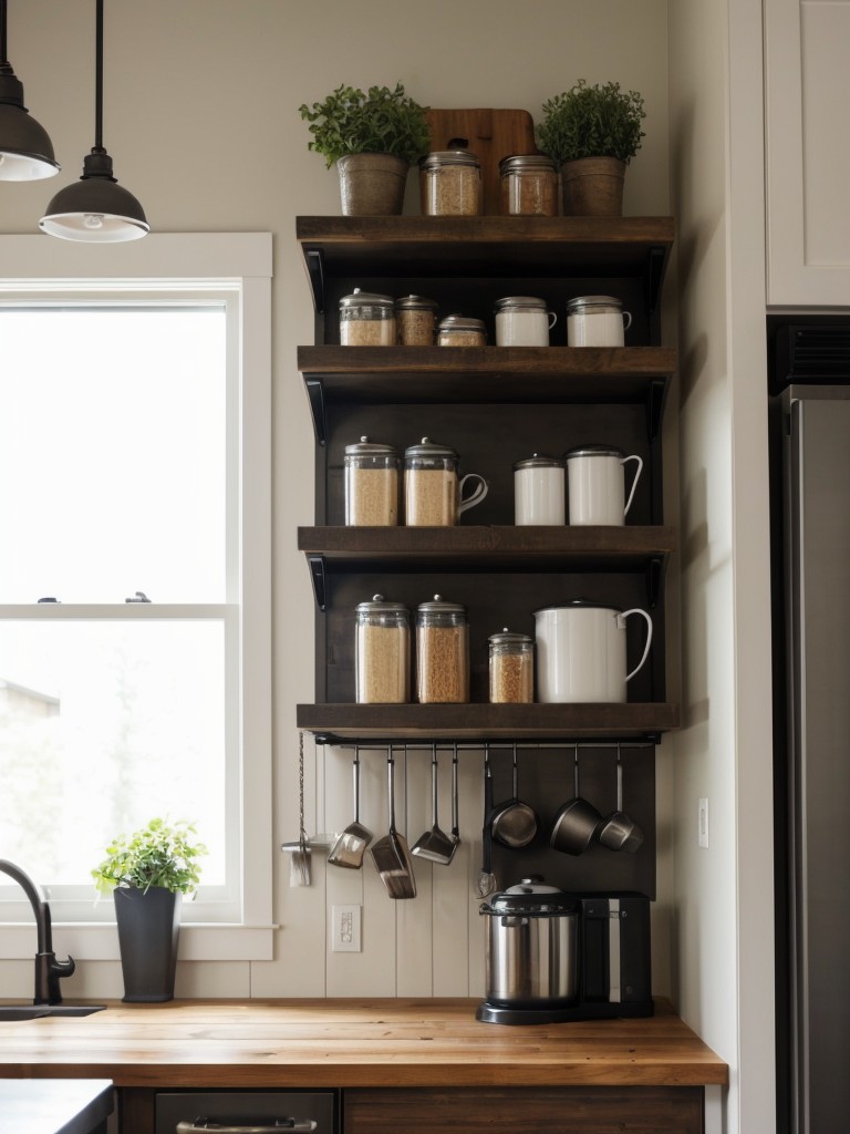 Install a hanging pot rack to free up cabinet space and add an industrial touch to the kitchen.