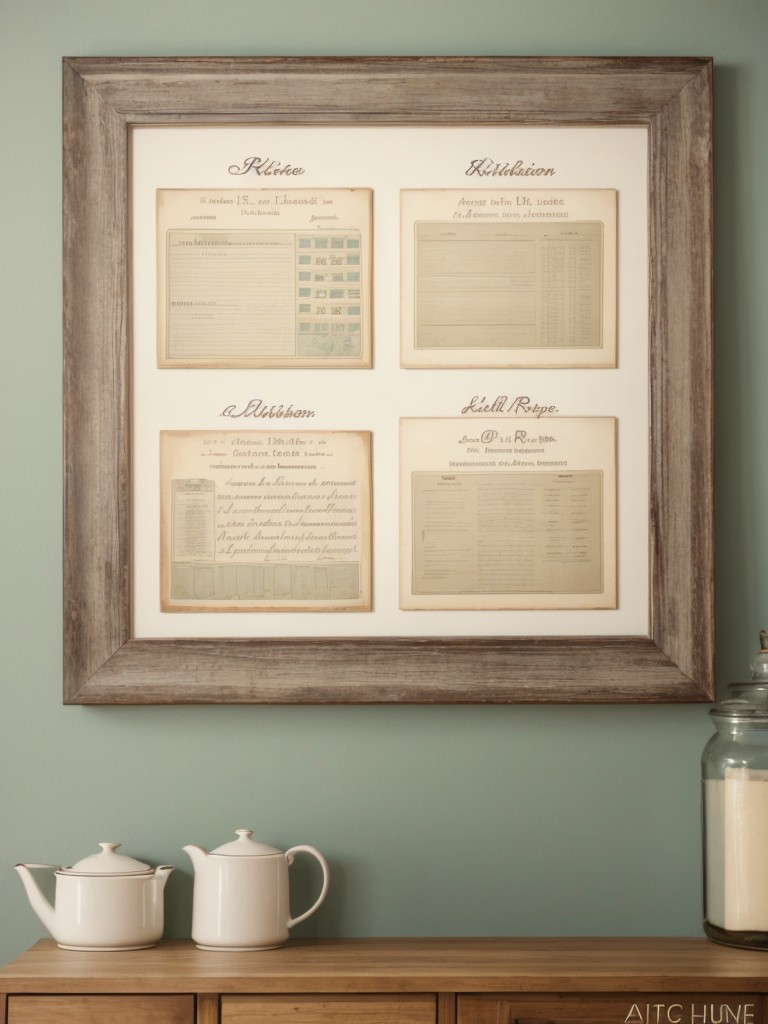 Use framed vintage recipe cards or handwritten family recipes as unique wall art in the kitchen.