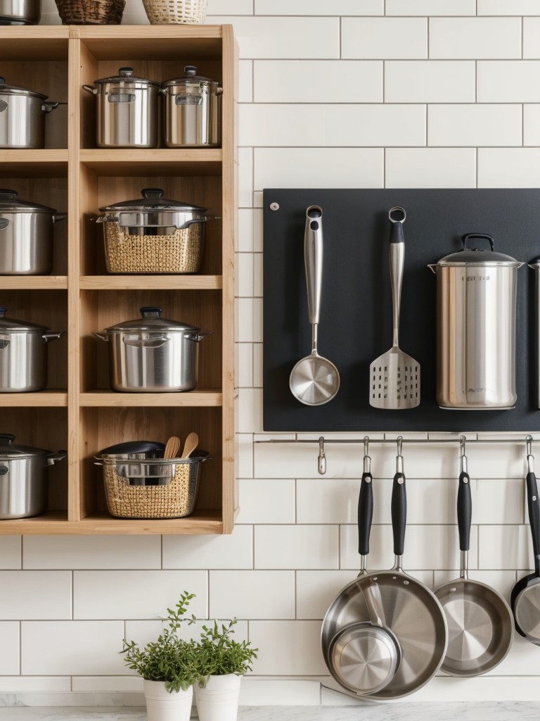 Use a pegboard to hang kitchen tools, pots, and pans, creating an organized and functional display.