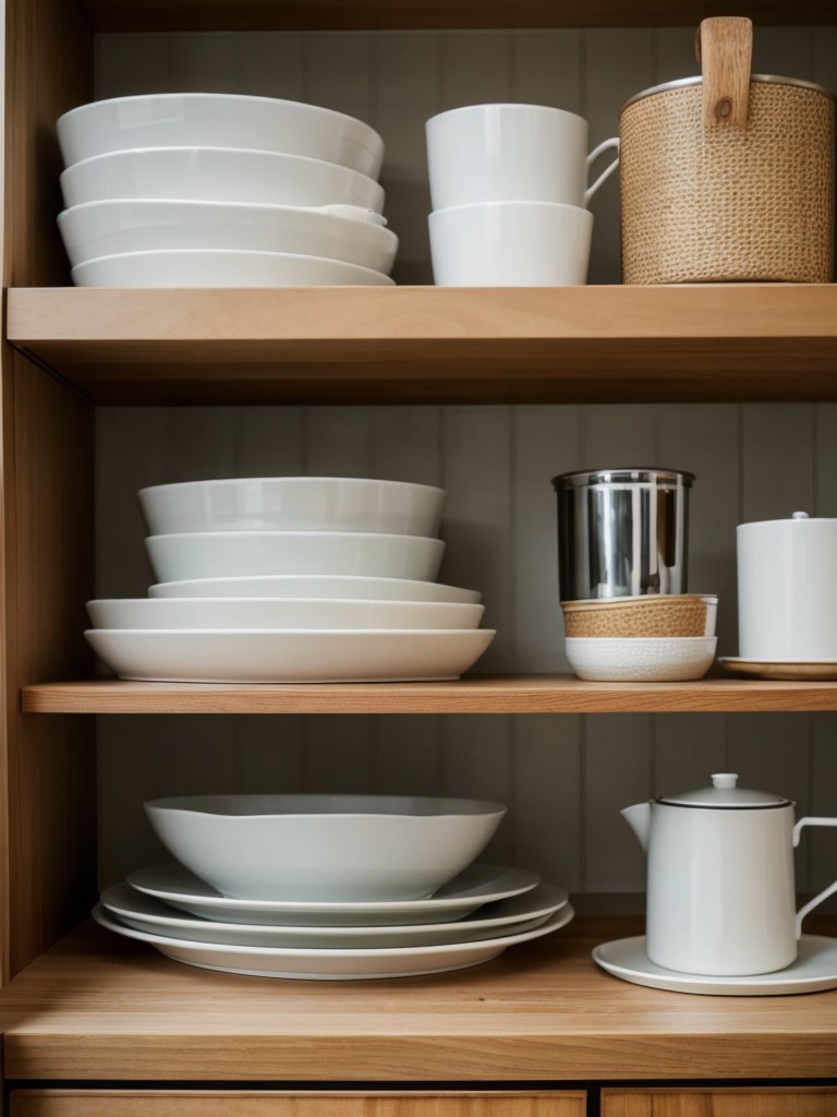 Utilize open shelving to display stylish kitchen accessories and decorative plates.