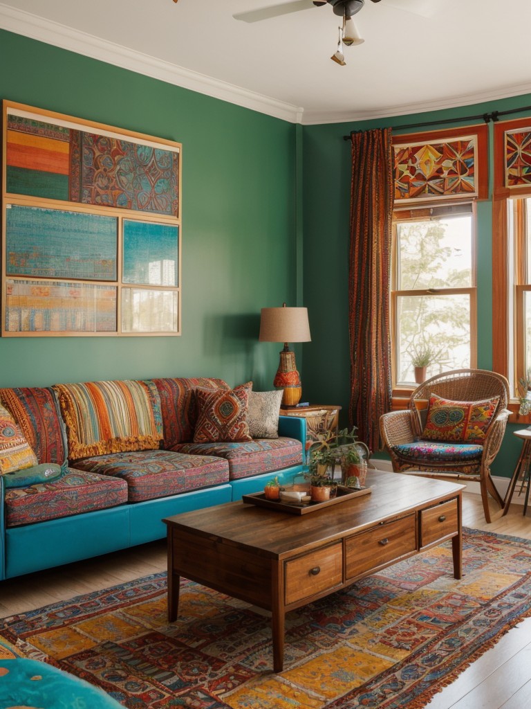 Bohemian-inspired color palette with vibrant patterns and eclectic color combinations, bringing a unique and eclectic vibe to the living room.