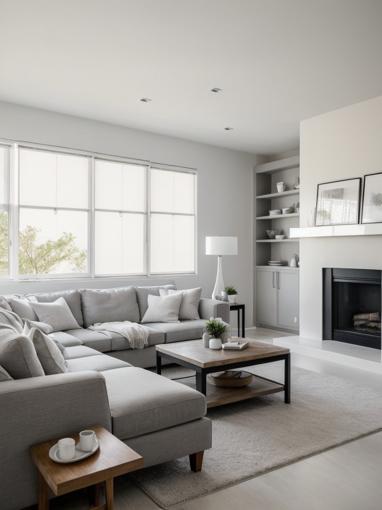 Contemporary and minimalist color scheme using shades of white and light gray, giving the living room a clean and spacious look.