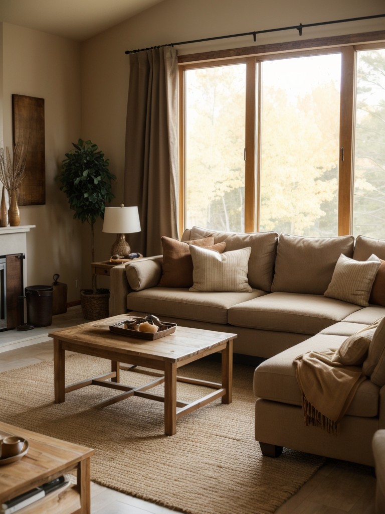 Earthy and natural color scheme featuring warm tones like beige and brown, adding a cozy and comforting feel to the living room.