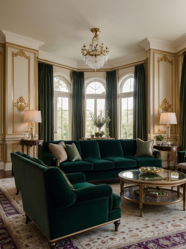 Elegant and luxurious color scheme with rich jewel tones like deep purple and emerald green, adding a regal and opulent feel to the living room.