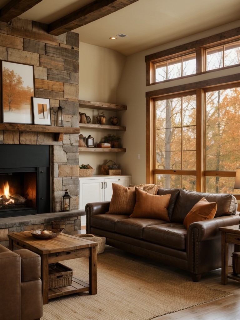 Rustic and warm color palette featuring earthy tones like burnt orange and deep brown, creating a cozy and inviting living room.