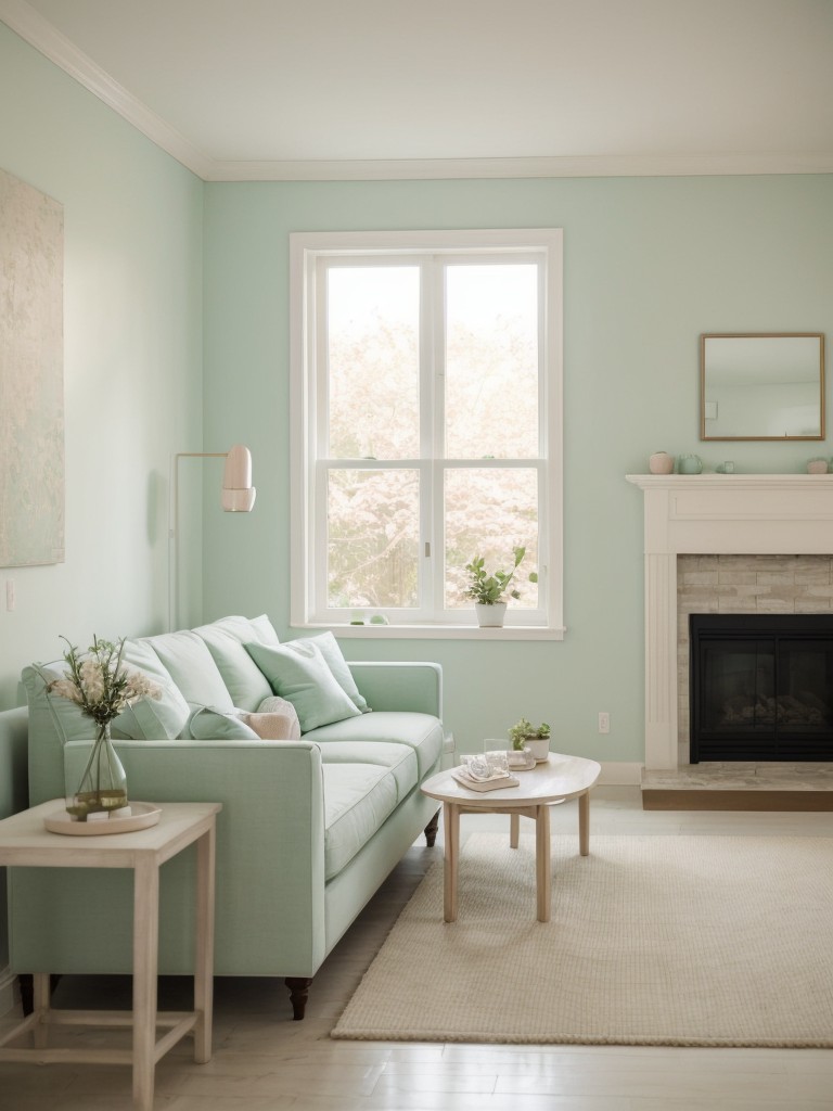 Soft and soothing pastel colors like mint green and pale pink for a serene and calming atmosphere in the living room.