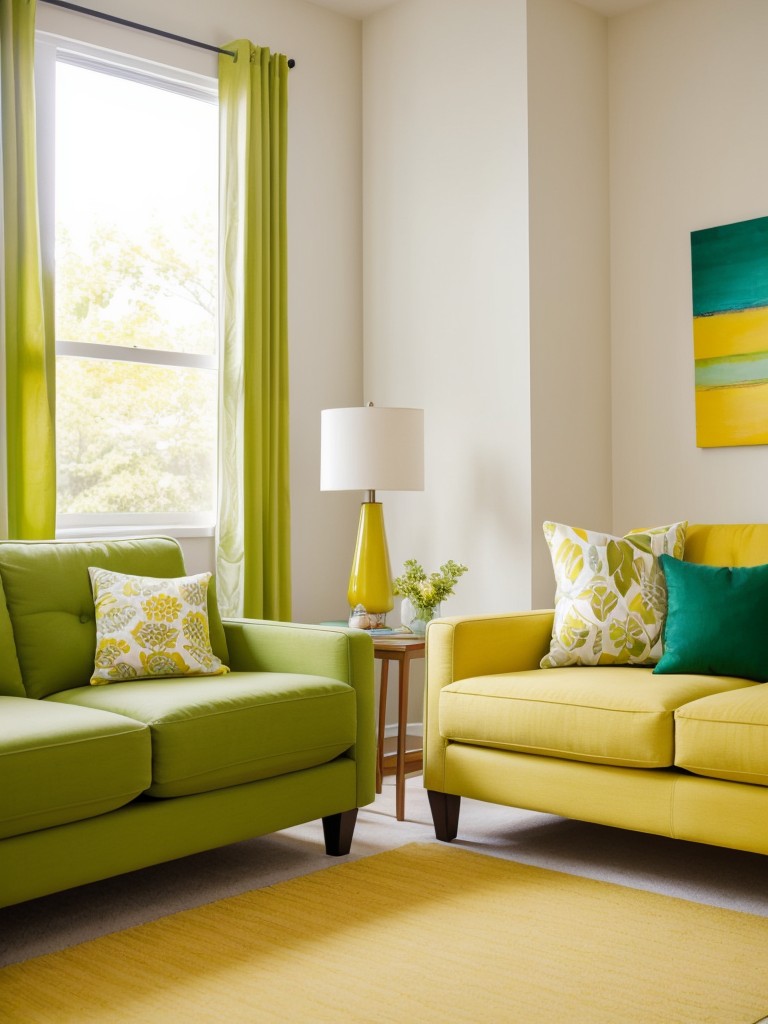 Vibrant and playful color scheme with pops of yellow and green, perfect for a cheerful and energetic living room.