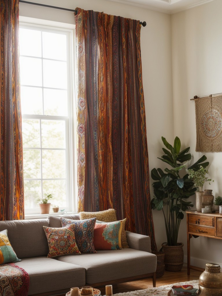 Create a bohemian oasis by hanging vibrant curtains with intricate patterns, such as mandalas or ikat designs, bringing a sense of eclectic charm to your living room.