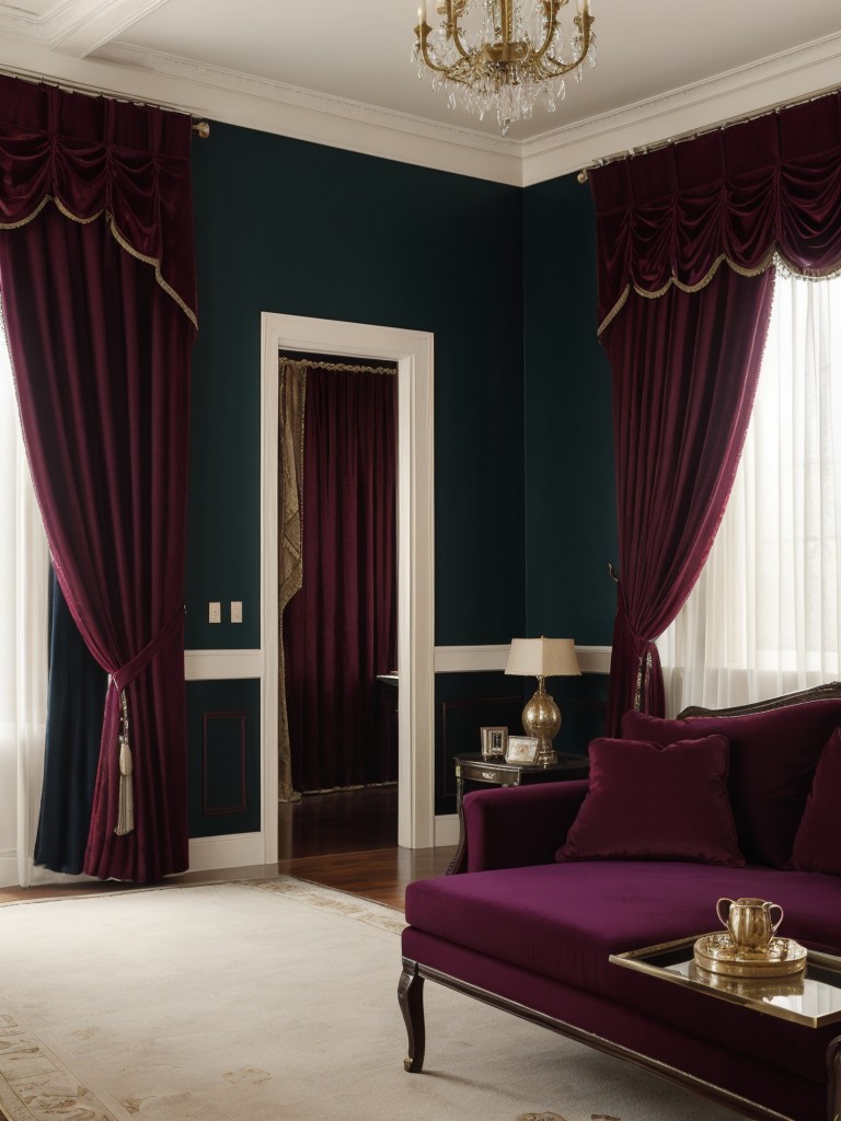 Create a statement with floor-to-ceiling luxurious velvet curtains in rich jewel tones for a glamorous touch.