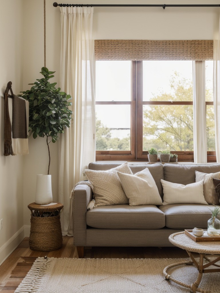 Hang curtains in unconventional ways, such as using decorative hooks, ropes, or tassels, to add a unique and artistic touch to your living room decor.