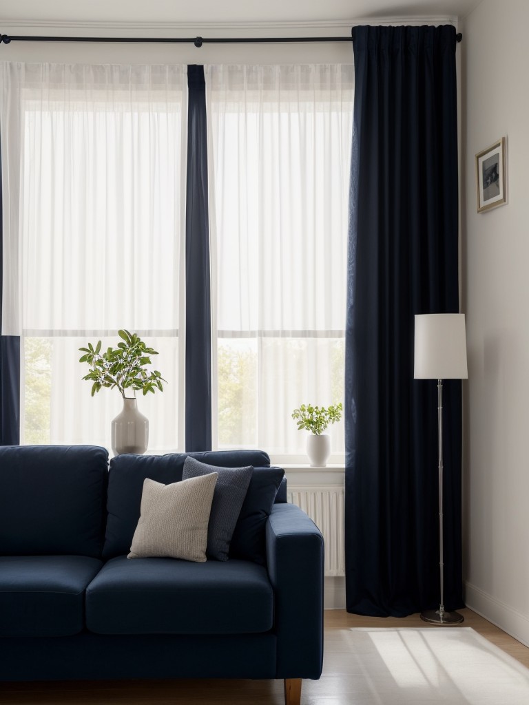 Play with contrasting colors by choosing curtains that create a striking visual effect against your living room walls, such as white curtains against dark navy walls for a high-contrast look.