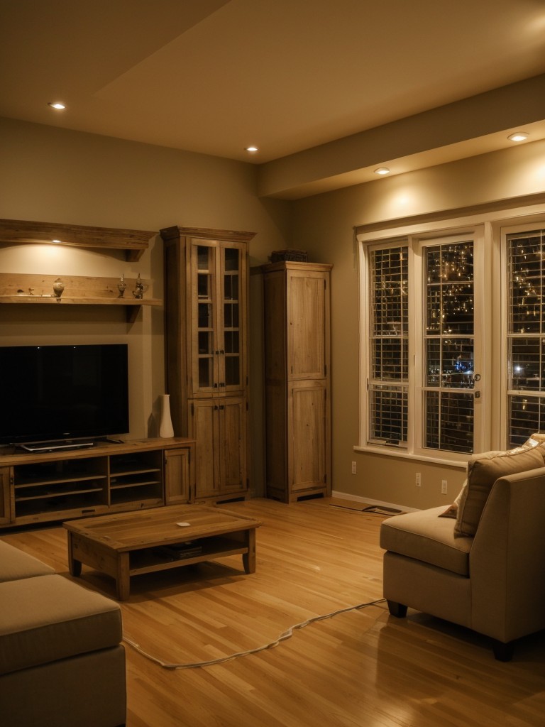 Employing strategic lighting techniques, such as string lights or LED strips, to add warmth and ambiance to a living room without costly renovations.