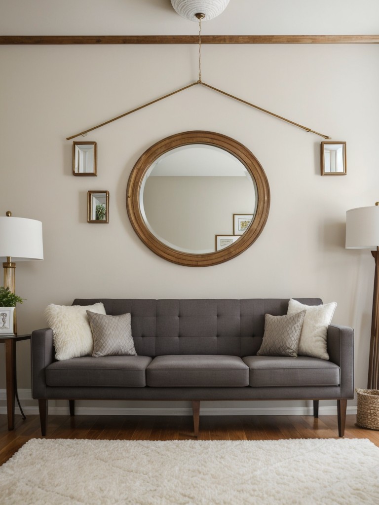 Mixing and matching inexpensive decorative accessories, like wall art and decorative mirrors, to create a personalized and budget-savvy living room design.