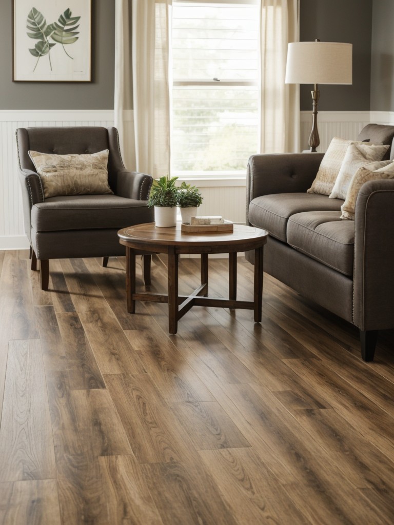 Thrifty and stylish flooring options, such as affordable area rugs or vinyl plank flooring, to instantly upgrade the look of a living room.