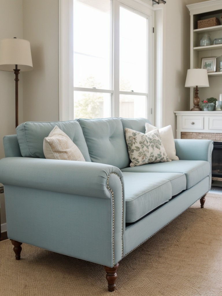 Upcycling old furniture with a fresh coat of paint or new upholstery to achieve a trendy and budget-friendly living room design.