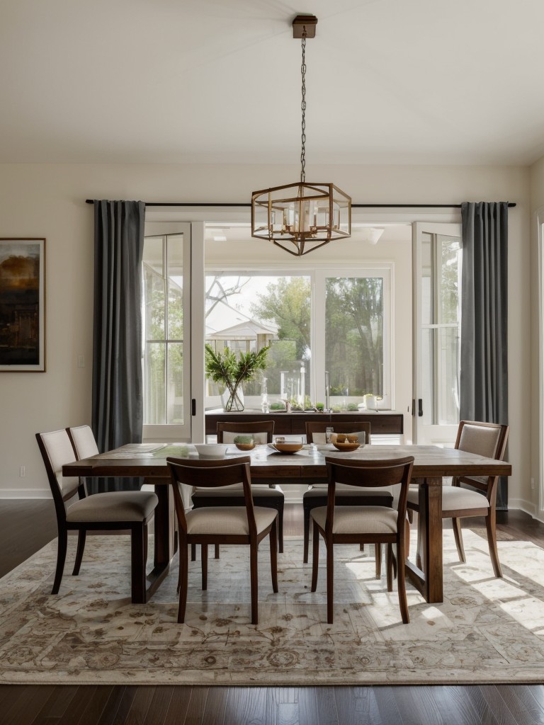 Create a focal point in each area, such as a statement rug in the living room and a bold light fixture above the dining table, to visually separate the spaces.