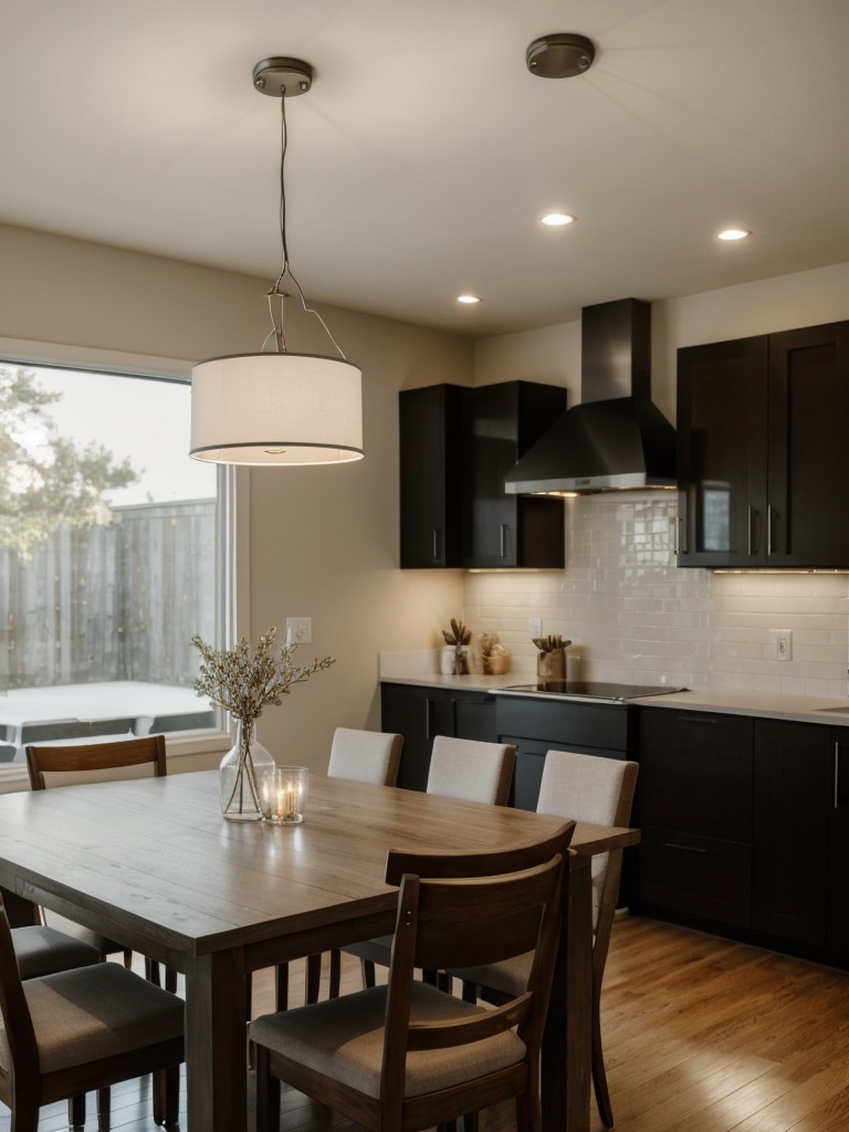 Incorporate various lighting options to create different moods in each area, such as pendant lights above the dining table and a floor lamp in the living room area.