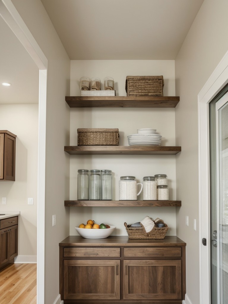 Use wall-mounted shelves or built-in cabinets to maximize storage space and keep the area clutter-free.