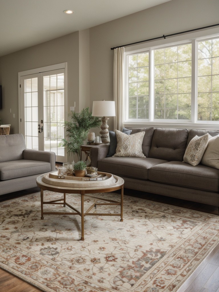 Utilize rugs to visually separate the two spaces and define each area's purpose while adding a touch of style.