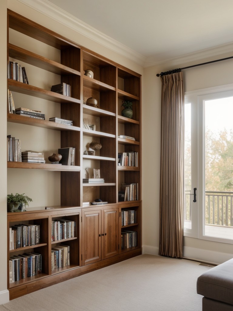 Utilize vertical space with tall bookshelves or floor-to-ceiling curtains to draw the eye upwards and make the room feel taller.