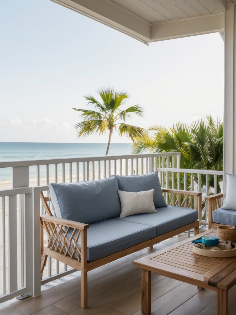 Bring the beach vibe to your apartment balcony by using wooden furniture, nautical-themed cushions, and a small sand pit.