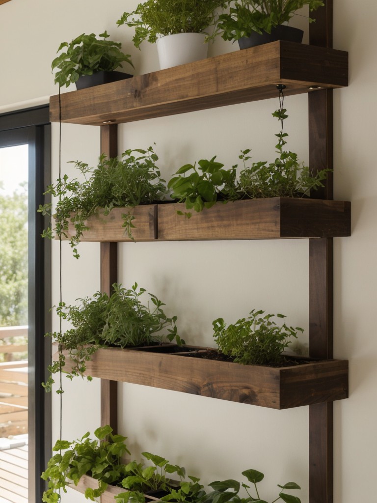 Build a vertical garden using hanging planters, wall-mounted shelves, and a variety of trailing and cascading plants.