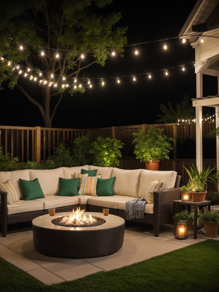 Create a cozy outdoor oasis with string lights, comfortable seating, and colorful potted plants.