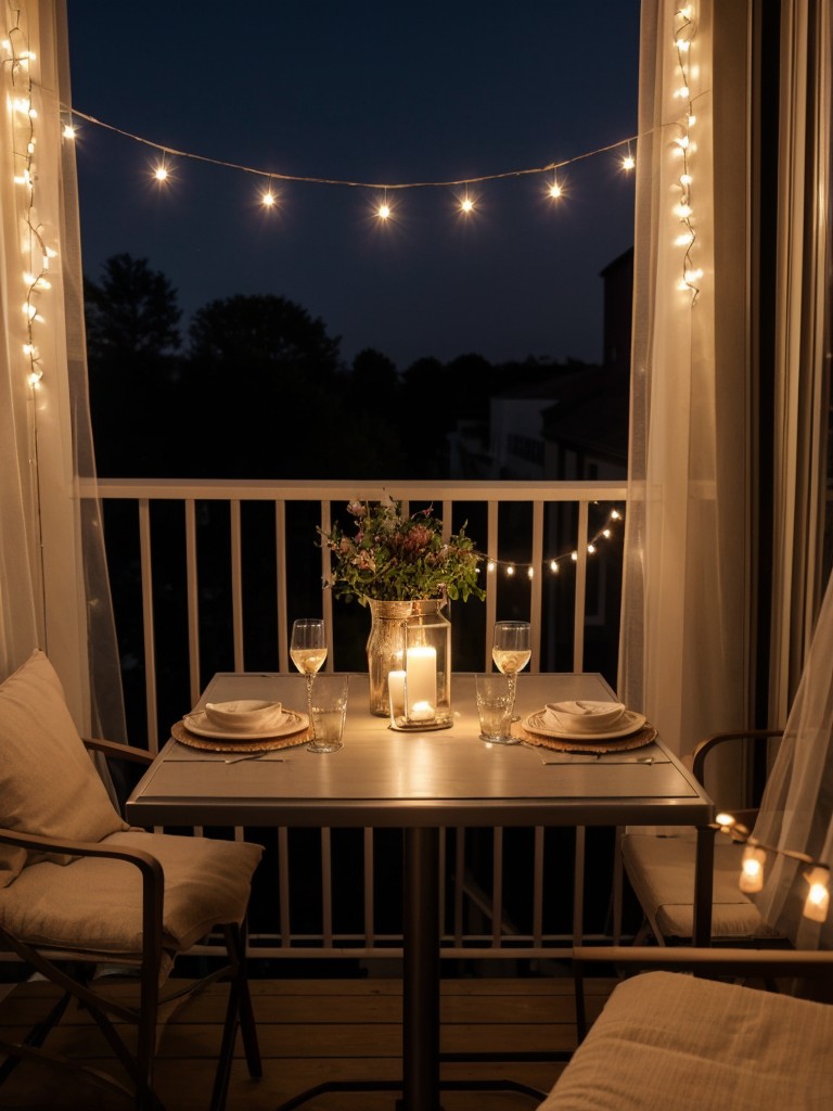 Create a cozy and romantic atmosphere on your balcony with fairy lights, soft drapes, and a small bistro set for two.