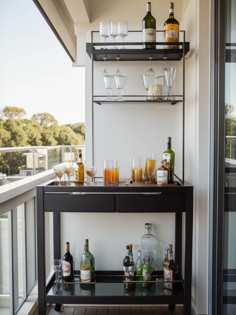 Create a mini bar or beverage station on your balcony with a bar cart, a small refrigerator, and beautiful glassware.