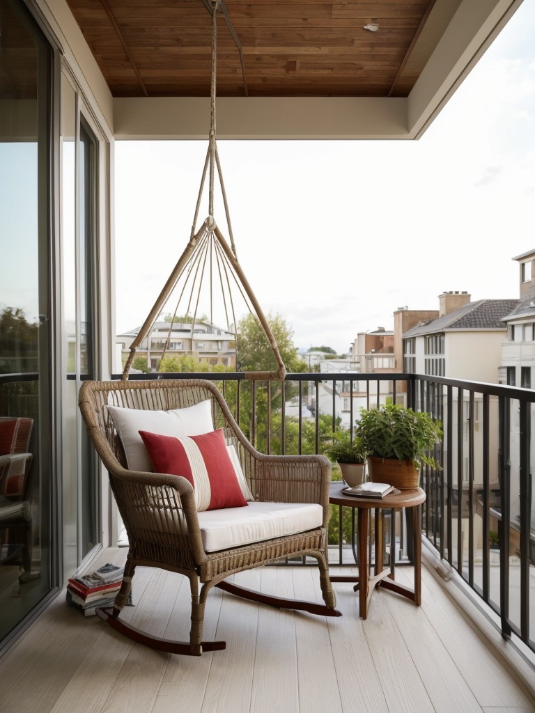 Create a stylish reading nook on your balcony with a hanging chair, floor pillows, and a small side table for books and drinks.