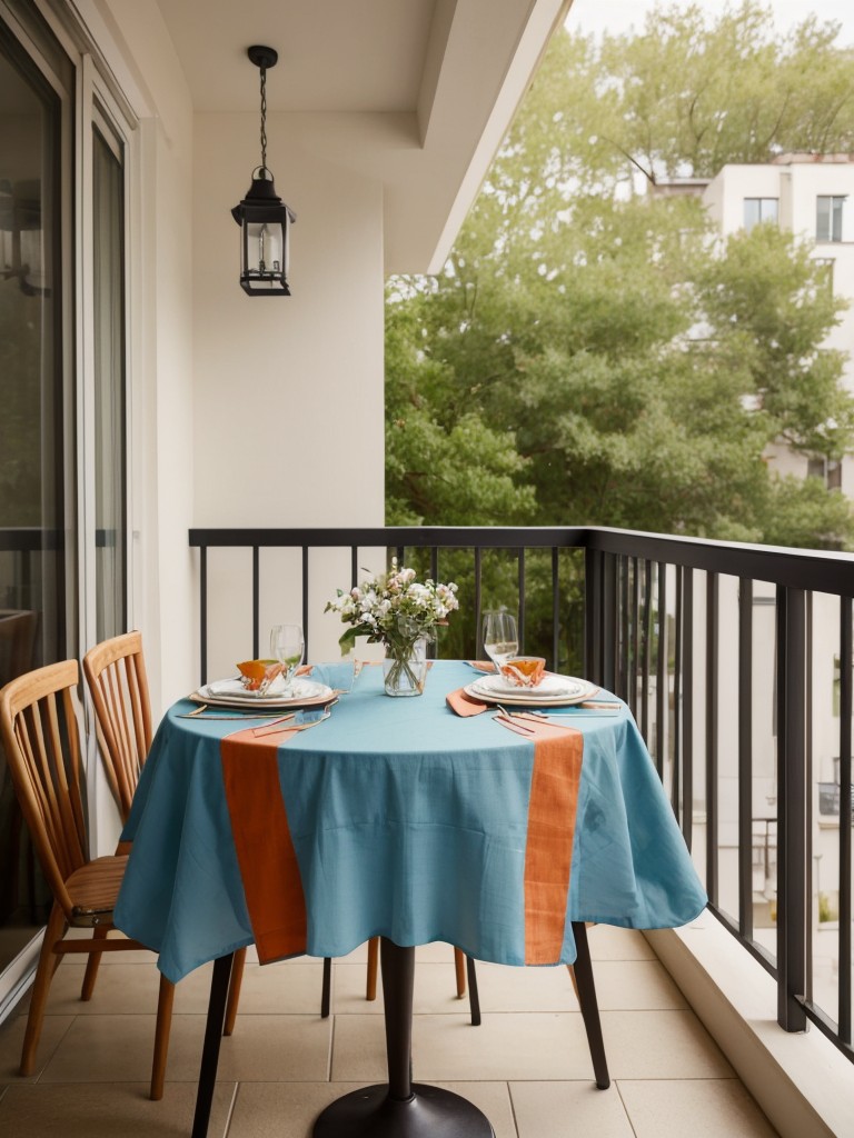 Design a small dining area on your balcony with a bistro table, chairs, and a vibrant tablecloth for a charming al fresco experience.