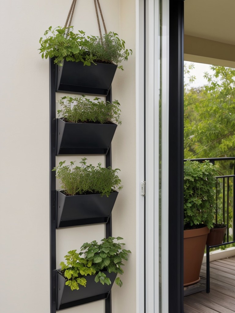 Design a vertical herb garden by using wall-mounted planters or a hanging shoe organizer to maximize your balcony's greenery.