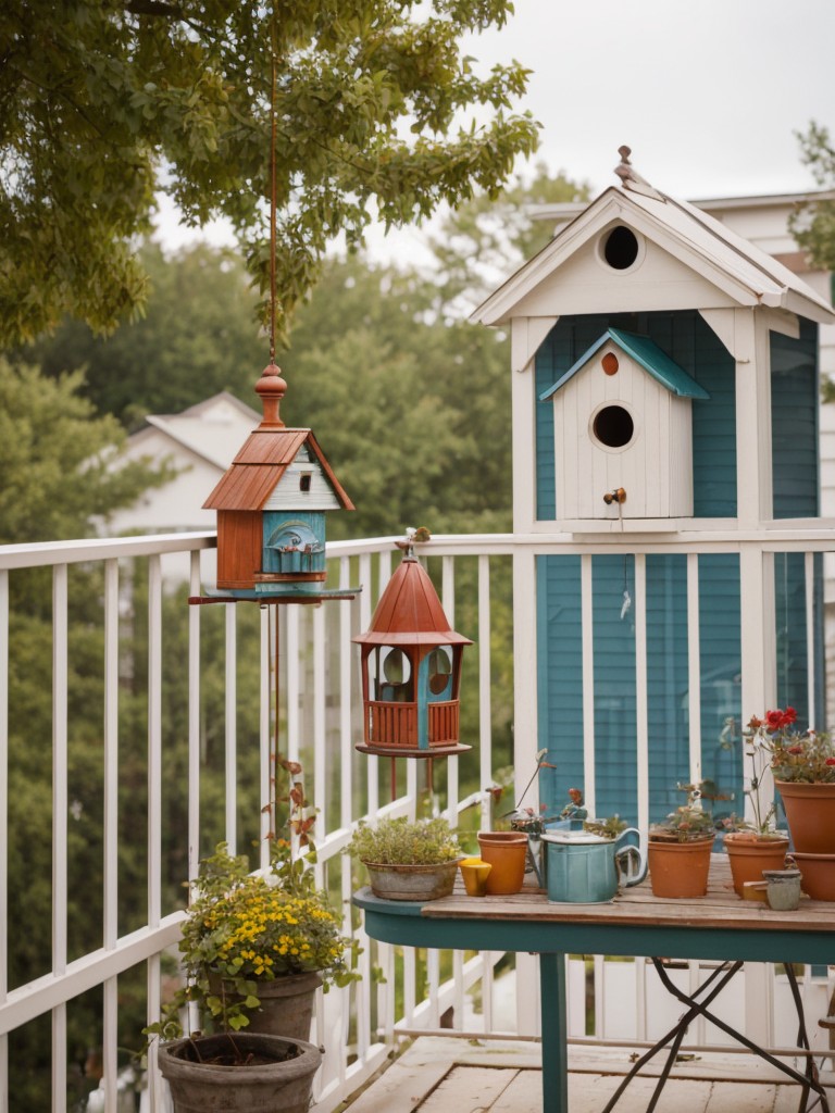 Display a collection of artistic or vintage birdhouses on your balcony for a whimsical touch and to attract colorful feathered visitors.