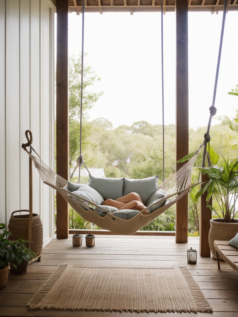 Hang a hammock or swing chair to create a tranquil spot for relaxation and daydreaming.