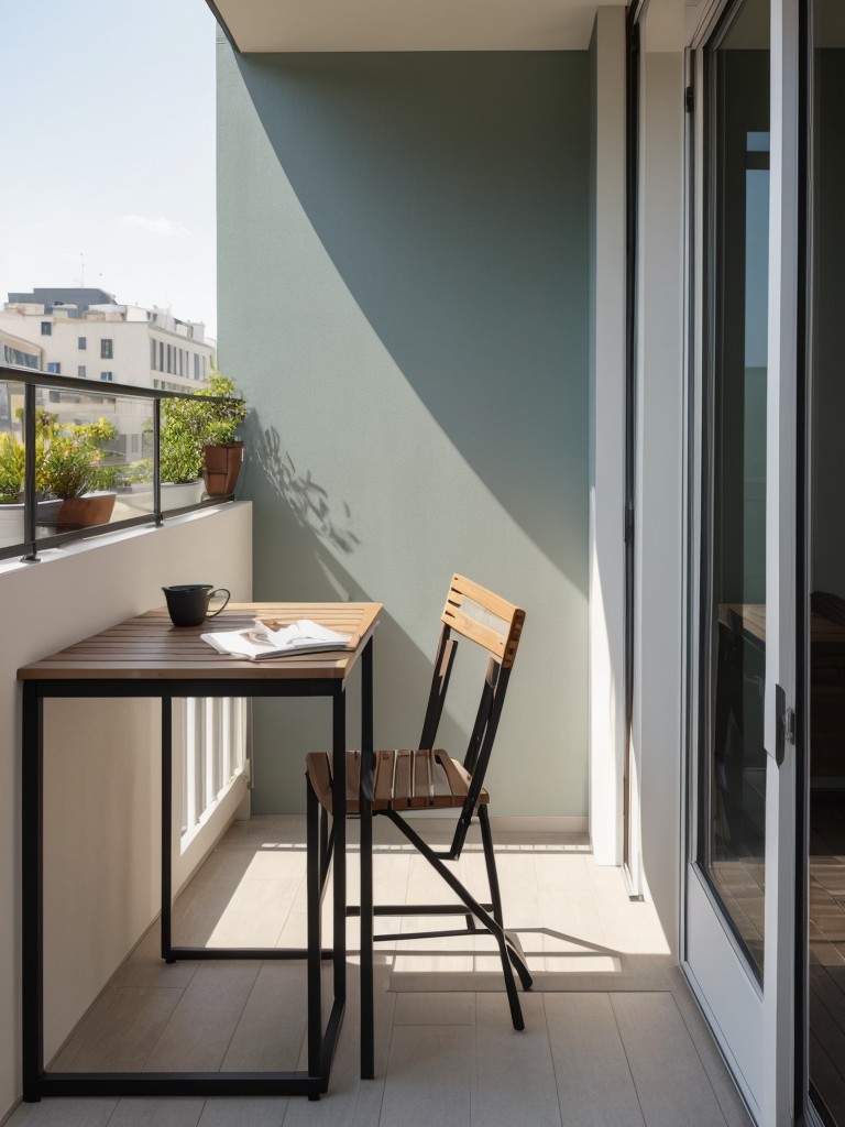 Install a foldable wall-mounted table to maximize space and create a practical workspace or dining area on your balcony.