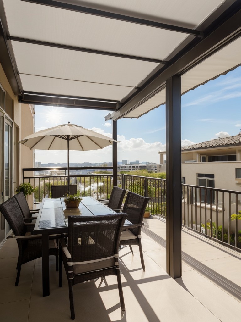 Install a retractable awning or sunshade to protect your balcony from harsh sunlight and create a comfortable outdoor living space.