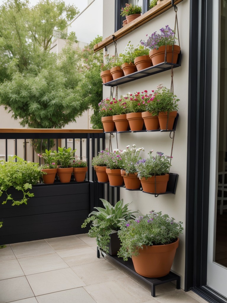 Transform your balcony into a mini garden with vertical planters, hanging baskets, and a variety of herbs, flowers, and succulents.