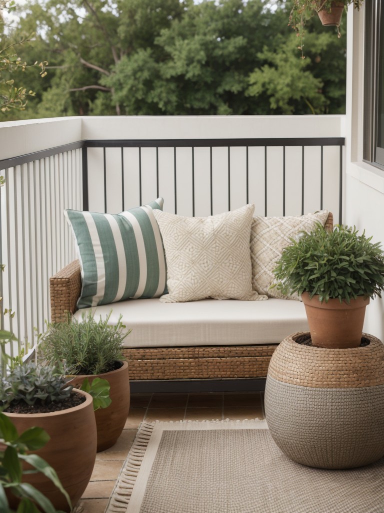 Use a mix of textures and patterns in your balcony decor, such as woven planters, patterned cushions, and textured outdoor rugs.