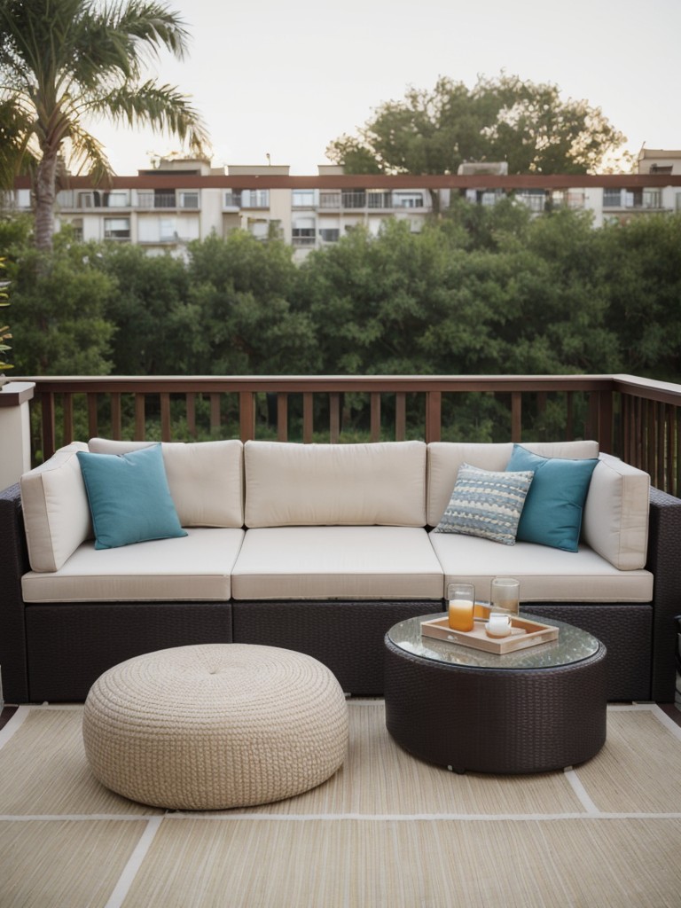 Use outdoor rugs, floor cushions, and poufs to add comfort and style to your balcony seating area.