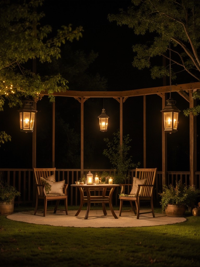 Utilize decorative lanterns, candle holders, and fairy lights to create a magical atmosphere during cozy evenings outdoors.