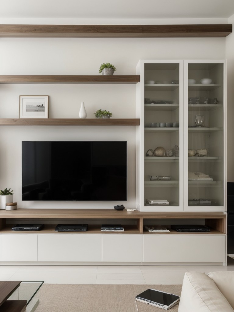Achieving a modern and minimalistic look by opting for a low-profile sofa, a sleek entertainment unit, and wall-mounted shelves for a clutter-free space.