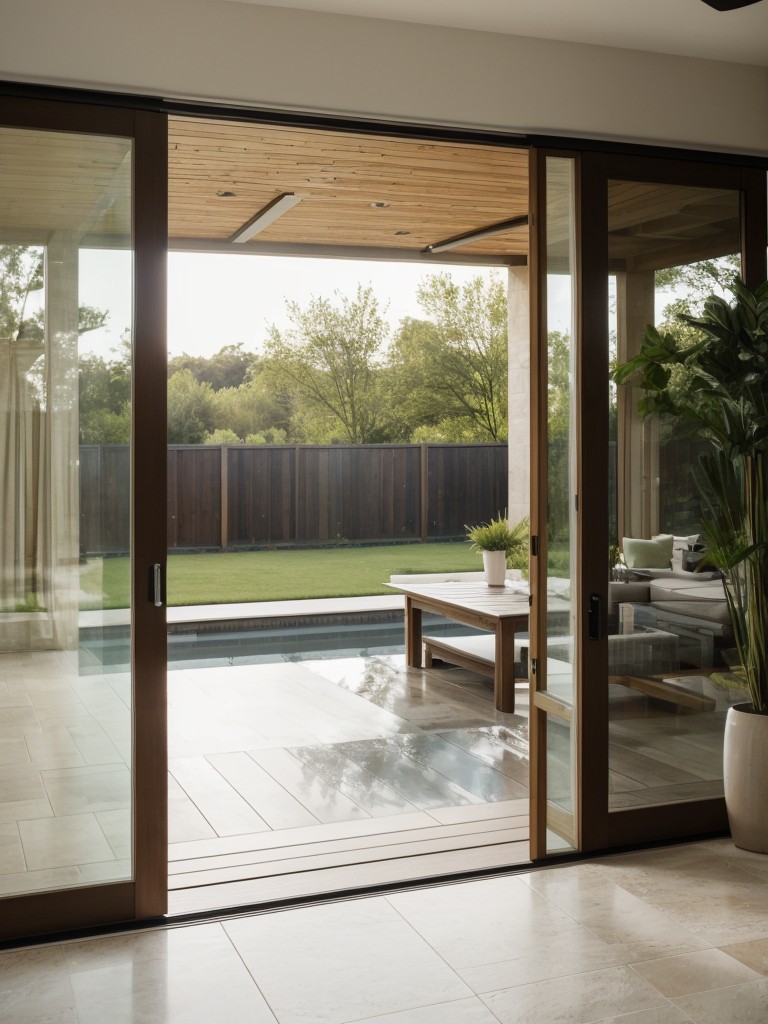 Achieving a seamless flow between indoor and outdoor living by placing a large sliding glass door in your living room and using matching furniture indoors and outdoors.