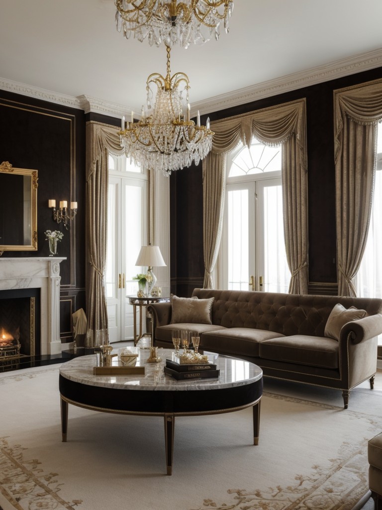 Adding a touch of luxury to your living room with velvet or tufted upholstery, a statement chandelier, and a marble coffee table for a glamorous yet comfortable space.