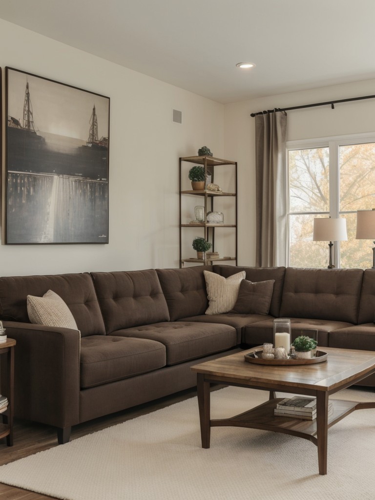 Creating a cozy and inviting atmosphere with a sectional sofa and a statement chair, complemented by a stylish coffee table and side tables.