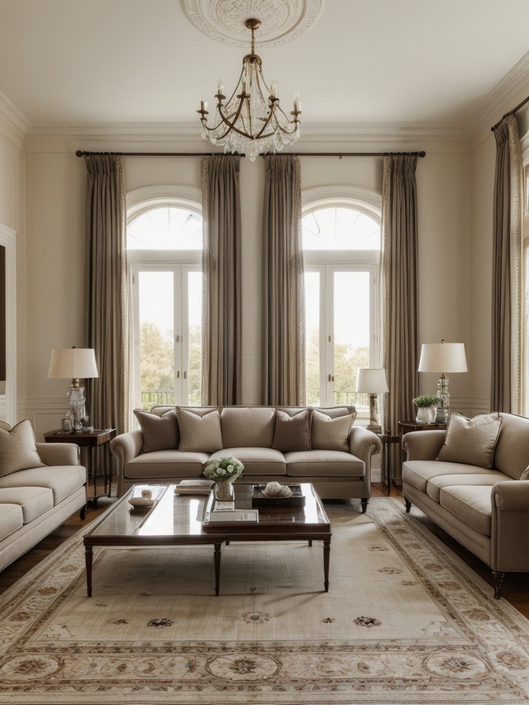 Creating a formal and elegant living room with a classic arrangement of a sofa, two armchairs, and a coffee table, complemented by a stylish area rug and floor-to-ceiling curtains.